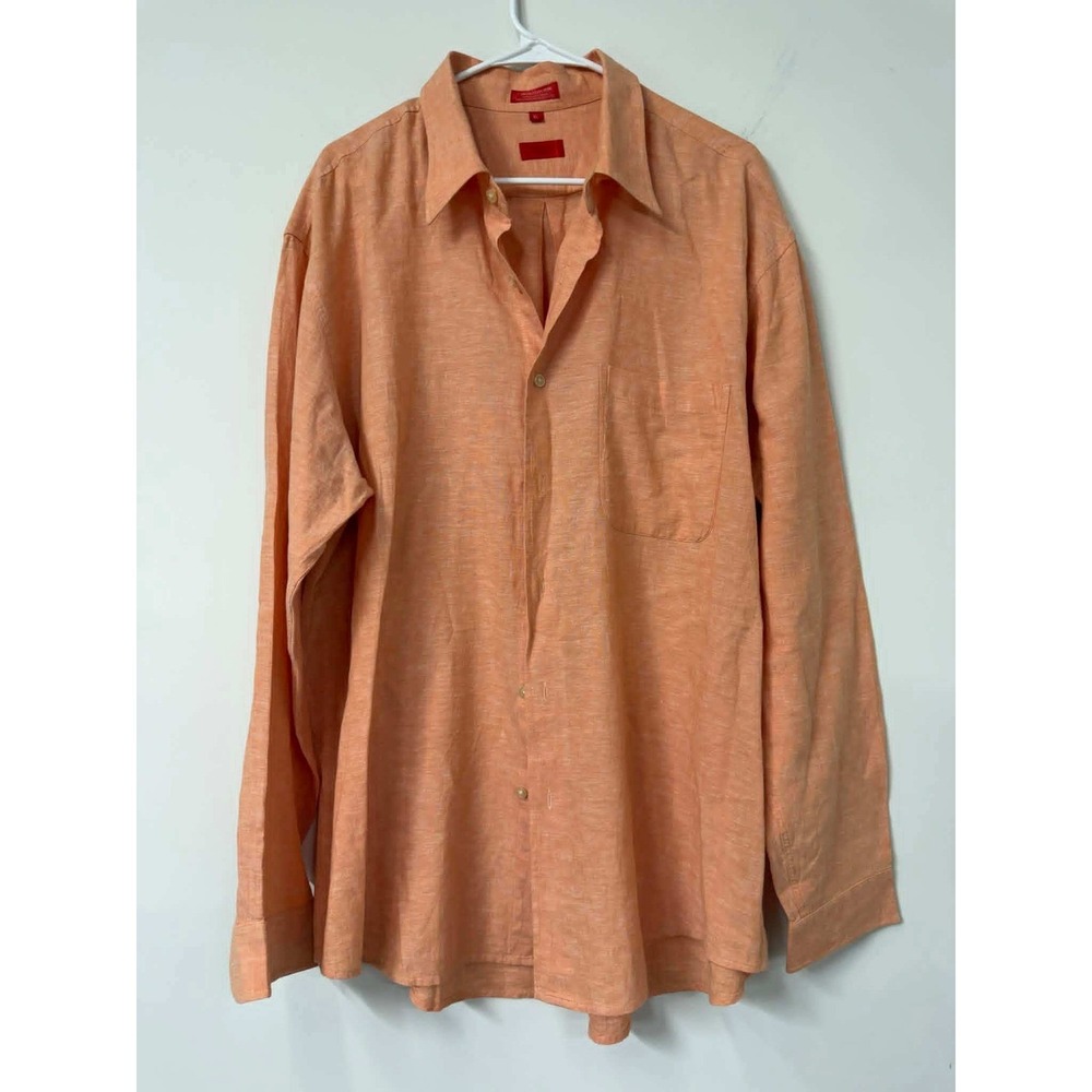 Vtg IZOD Mens XL Orange Linen Cotton Blend Long Sleeve Button Down Shirt Pocket